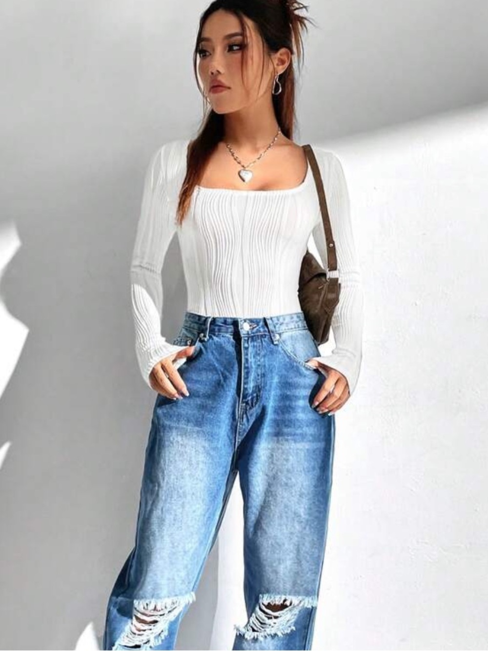 Cream Ribbed Square Neck Long Sleeve Bodysuit